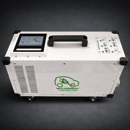 Chargeur mobile DC 40 kW JUPITER wallgreenbox sur roulettes, vue supérieure avec écran tactile